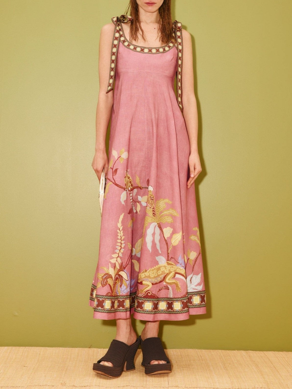Botanical Border Print Square Neck Maxi Dress - Pink