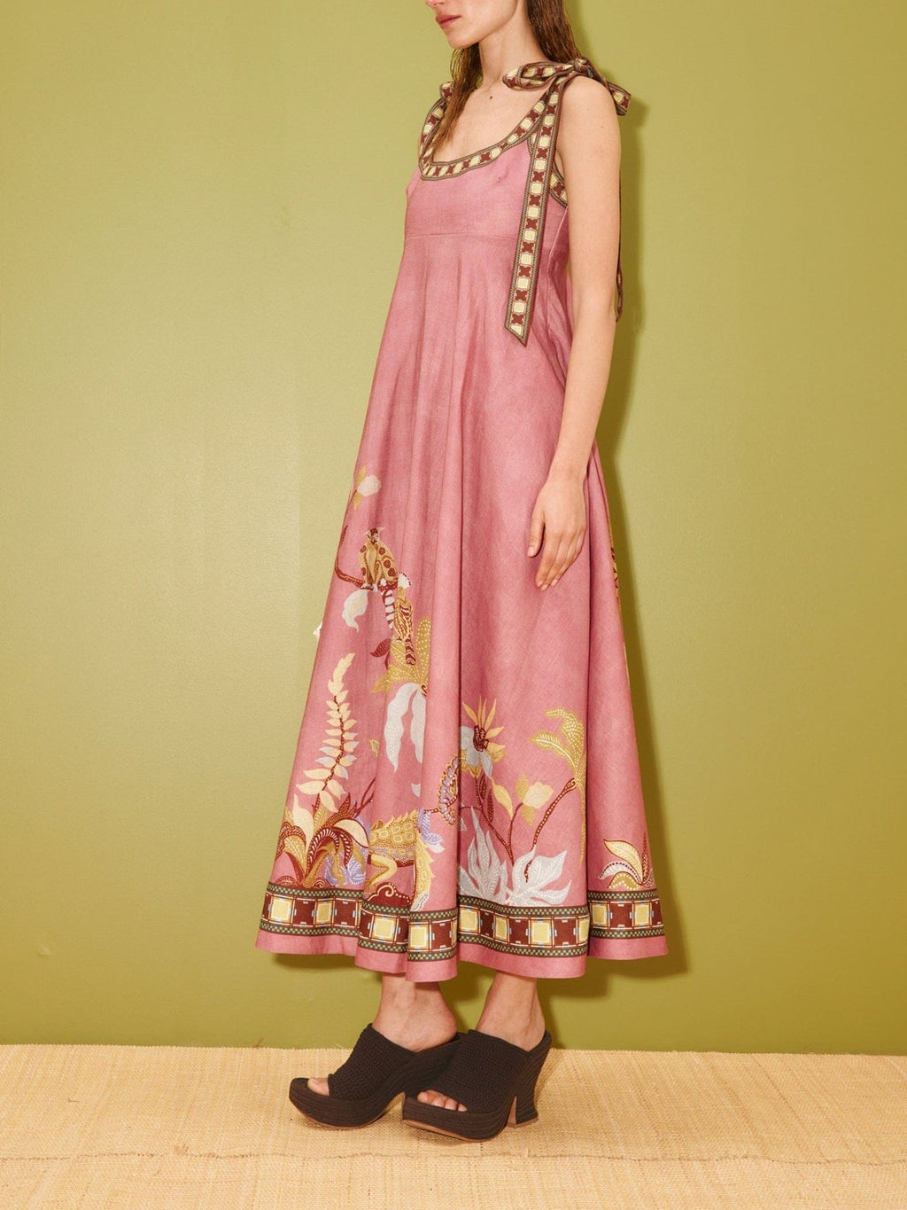 Botanical Border Print Square Neck Maxi Dress - Pink - 1