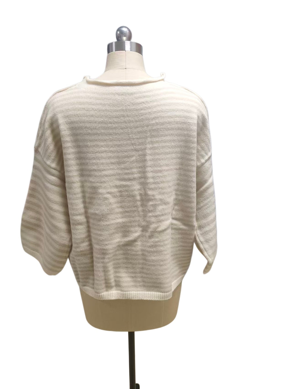 Three Quarter Sleeve Striped Boxy Cardigan - Beige - 1