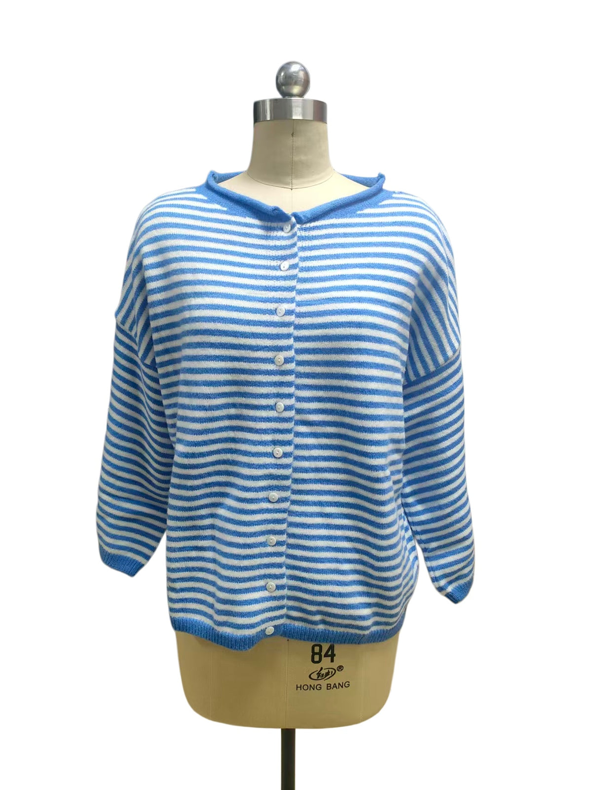 Three Quarter Sleeve Striped Boxy Cardigan - Blue - 1