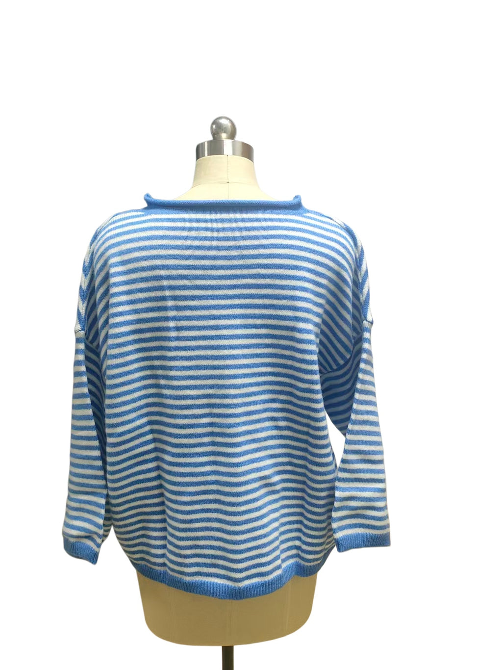 Three Quarter Sleeve Striped Boxy Cardigan - Blue - 2