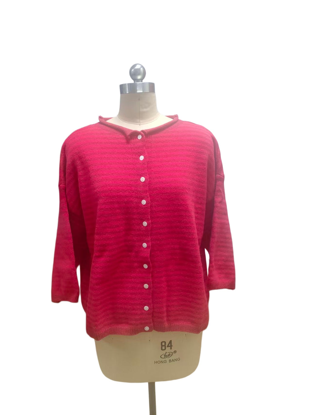 Three Quarter Sleeve Striped Boxy Cardigan - Fuchsia