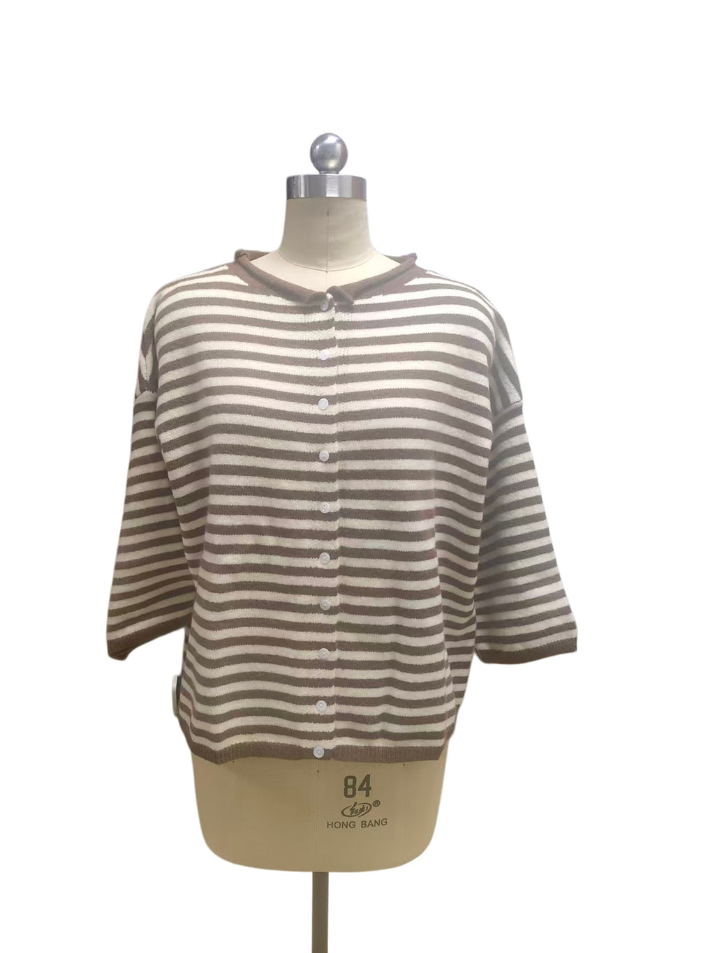 Three Quarter Sleeve Striped Boxy Cardigan - Khaki