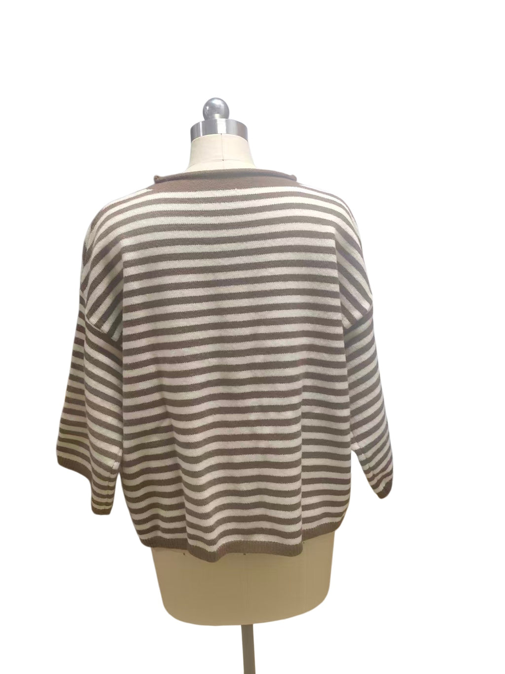 Three Quarter Sleeve Striped Boxy Cardigan - Khaki - 1