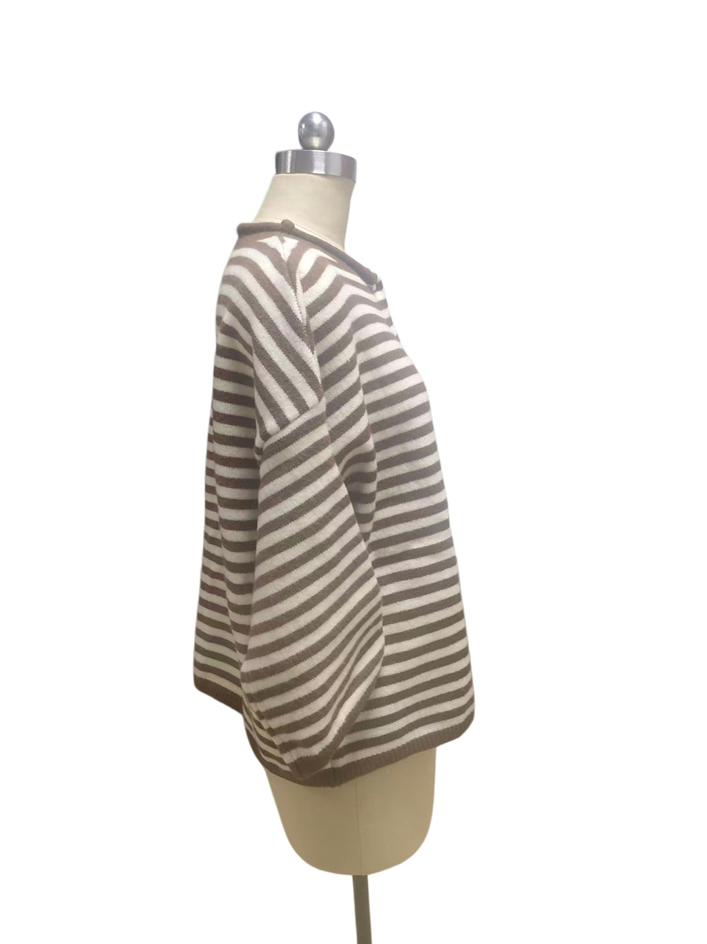 Three Quarter Sleeve Striped Boxy Cardigan - Khaki - 2