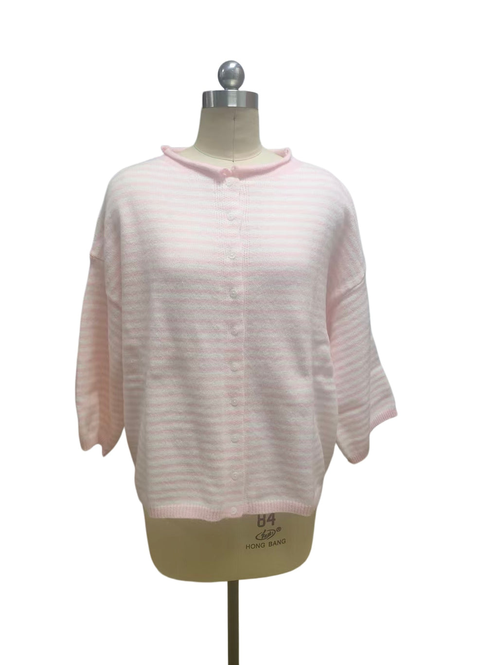 Three Quarter Sleeve Striped Boxy Cardigan - Pink