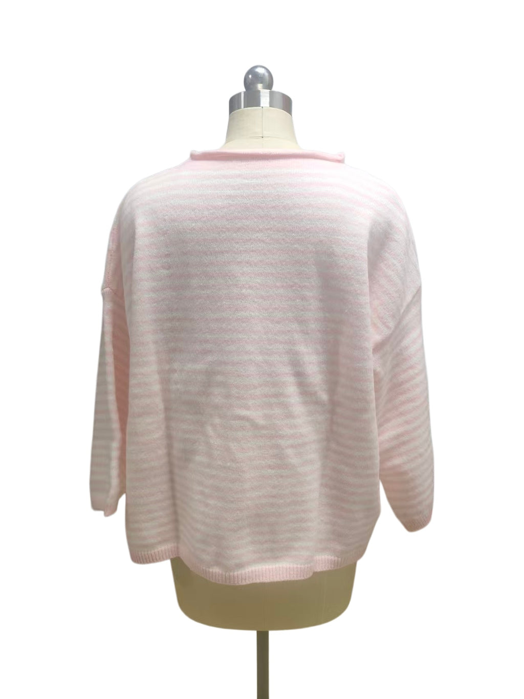 Three Quarter Sleeve Striped Boxy Cardigan - Pink - 1