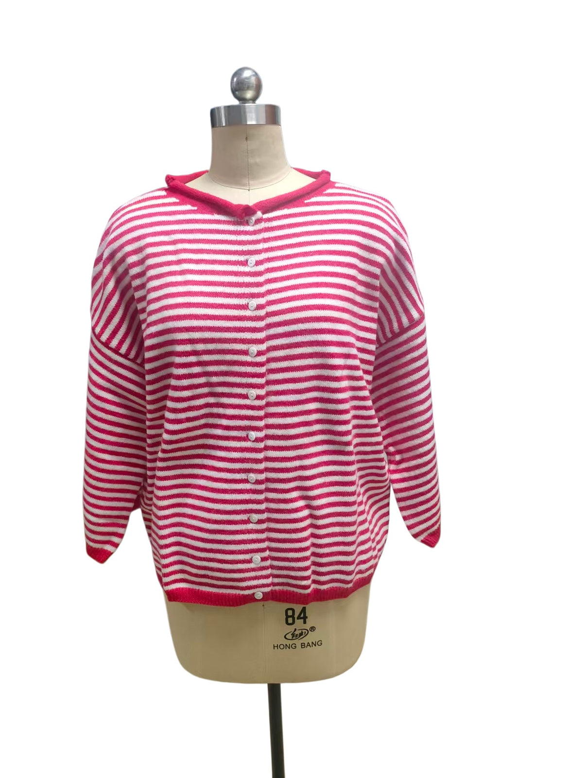 Three Quarter Sleeve Striped Boxy Cardigan - Red