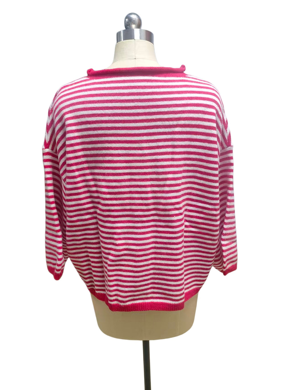 Three Quarter Sleeve Striped Boxy Cardigan - Red - 1