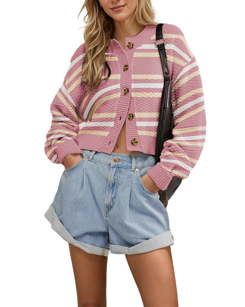 Striped Cropped Button Front Cardigan - Pink - 1