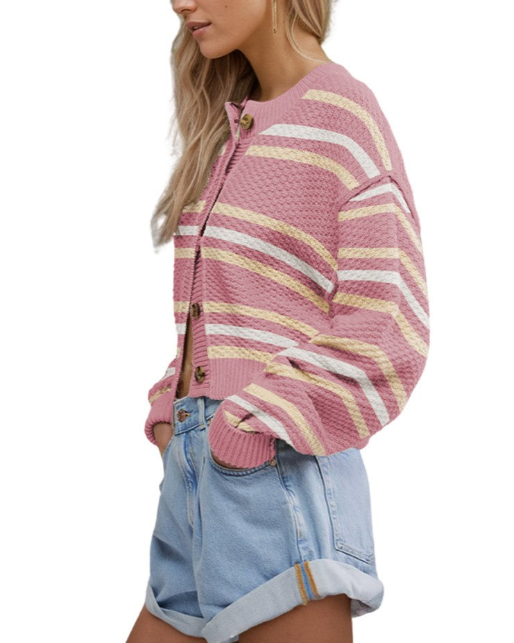 Striped Cropped Button Front Cardigan - Pink - 2