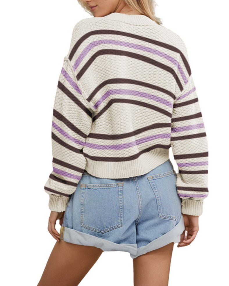 Striped Cropped Button Front Cardigan - Pink - 3
