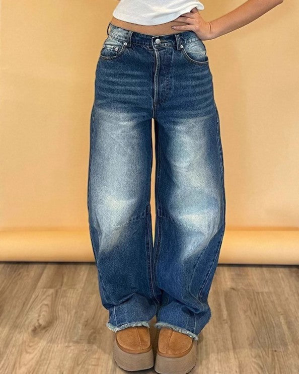 Faded Barrel Leg Baggy Wide Jeans - Blue