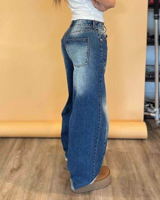 Faded Barrel Leg Baggy Wide Jeans - Blue - 2