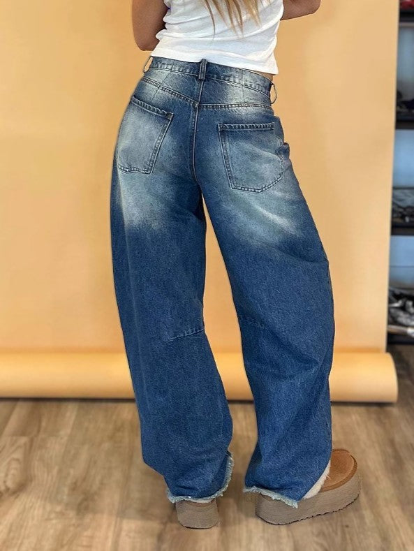 Faded Barrel Leg Baggy Wide Jeans - Blue - 3