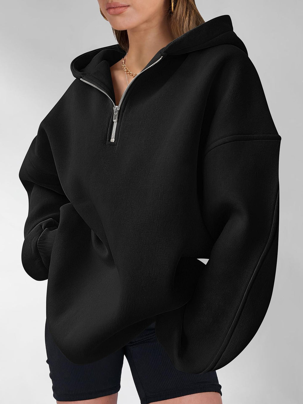 Drop Shoulder Half Zip Hooded Sweatshirt - Black