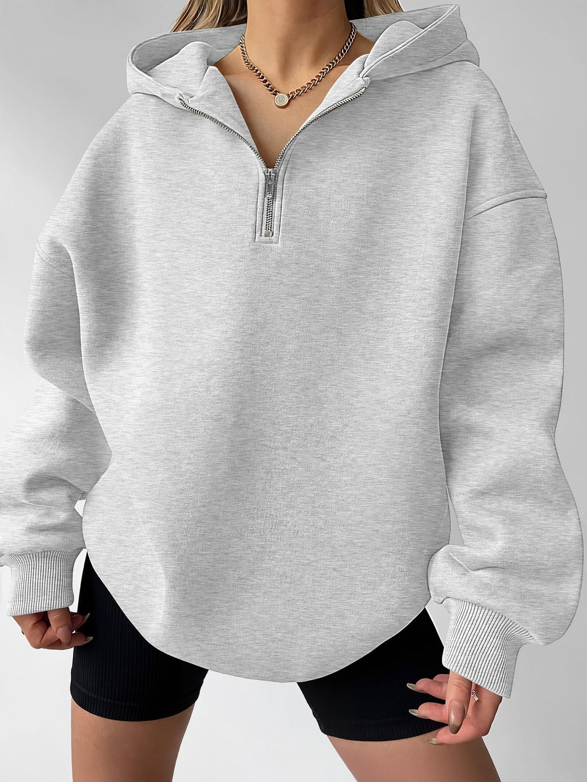 Drop Shoulder Half Zip Hooded Sweatshirt - Grey