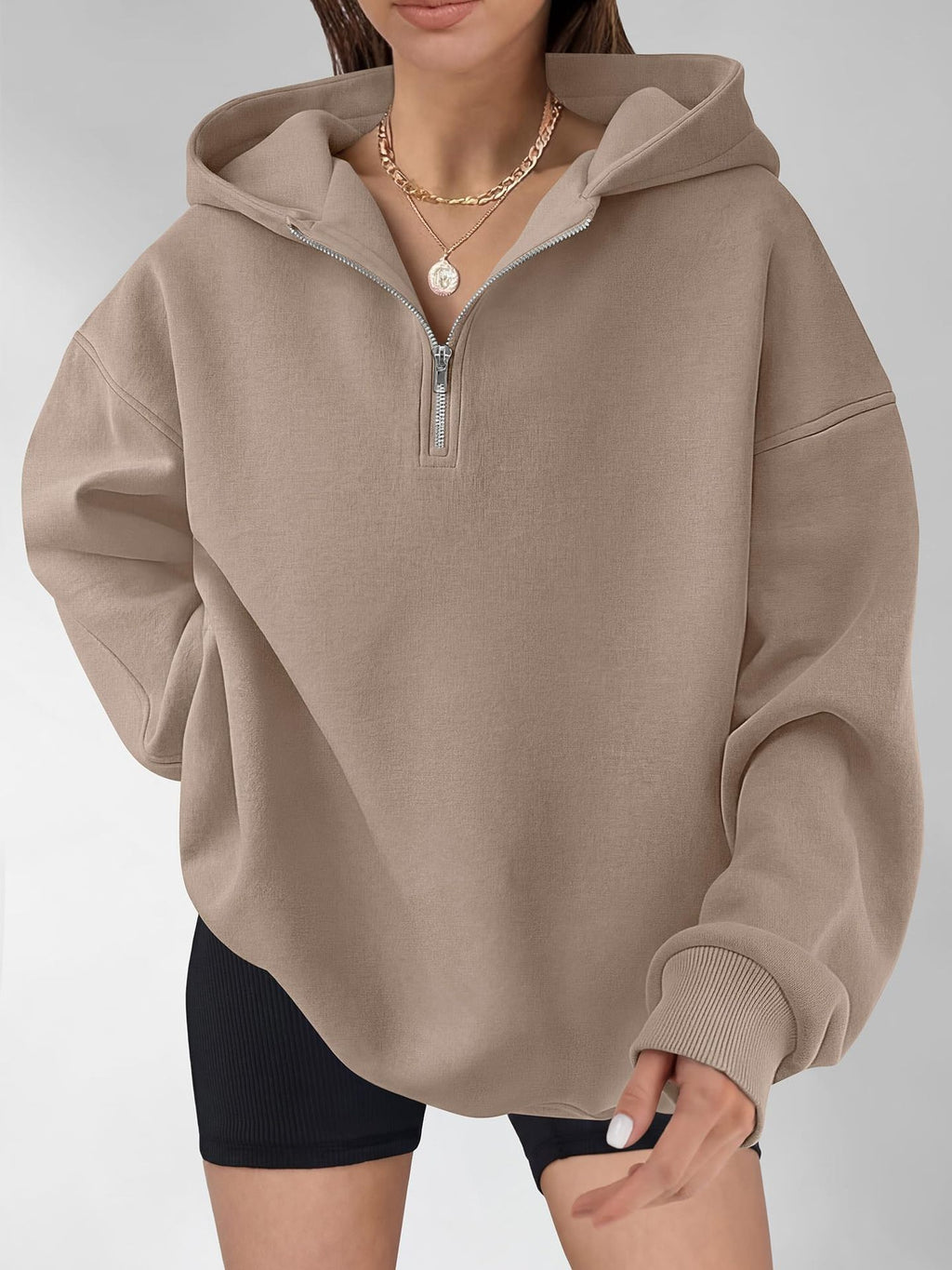 Drop Shoulder Half Zip Hooded Sweatshirt - Khaki