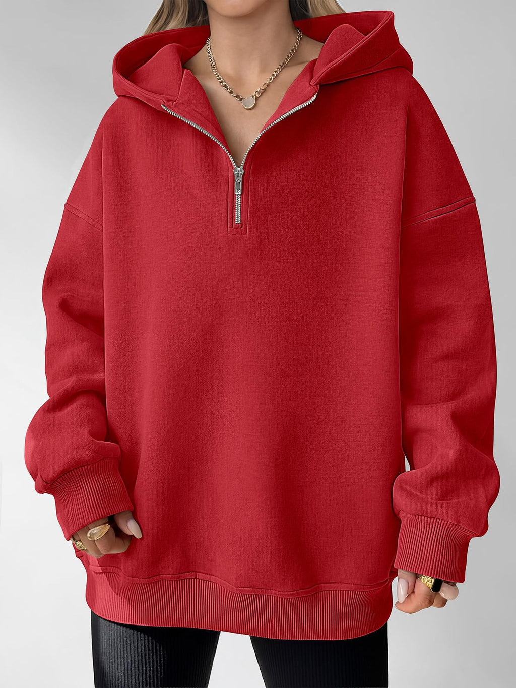 Drop Shoulder Half Zip Hooded Sweatshirt - Red - 1