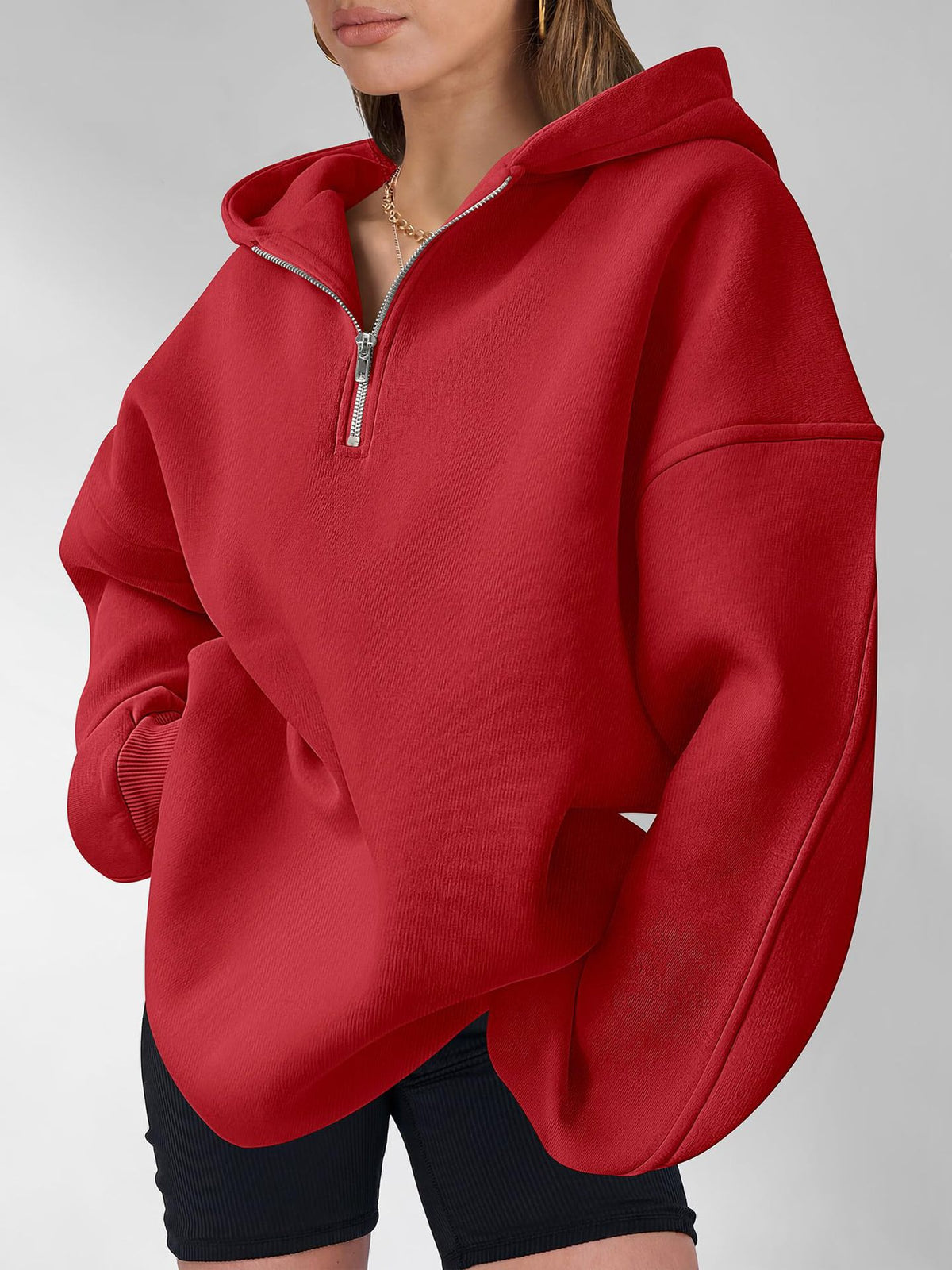 Drop Shoulder Half Zip Hooded Sweatshirt - Red - 2