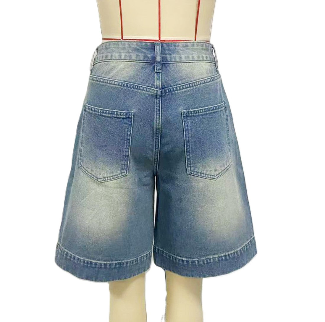 Washed Straight Leg Denim Shorts - Blue - 2