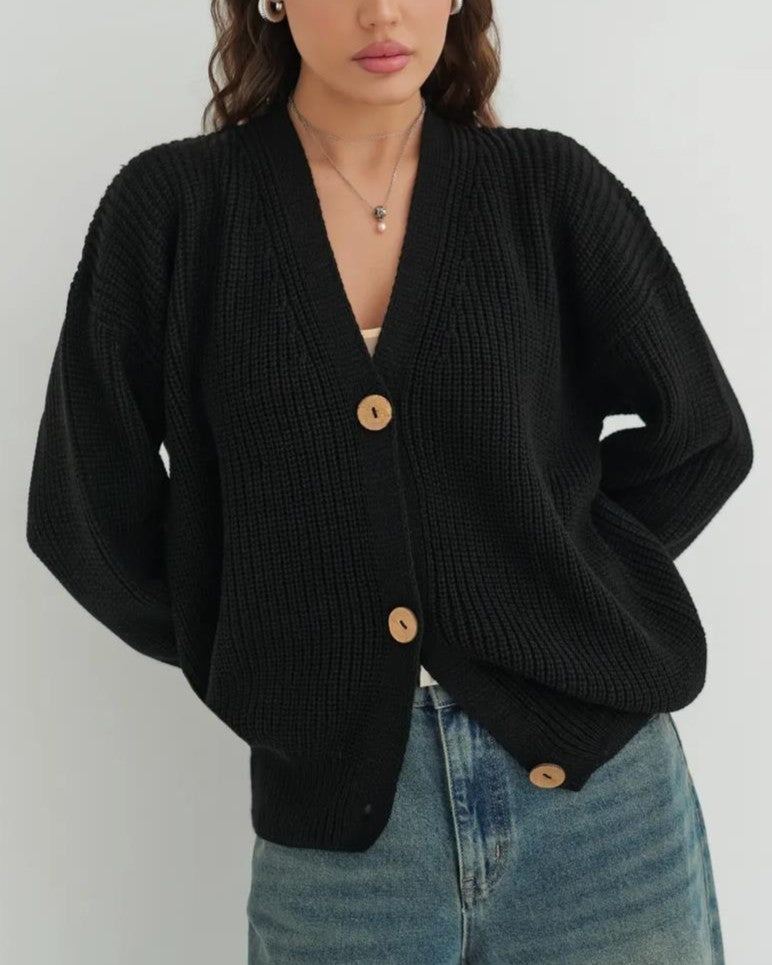 Oversized Ribbed V Neck Button Cardigan - Black