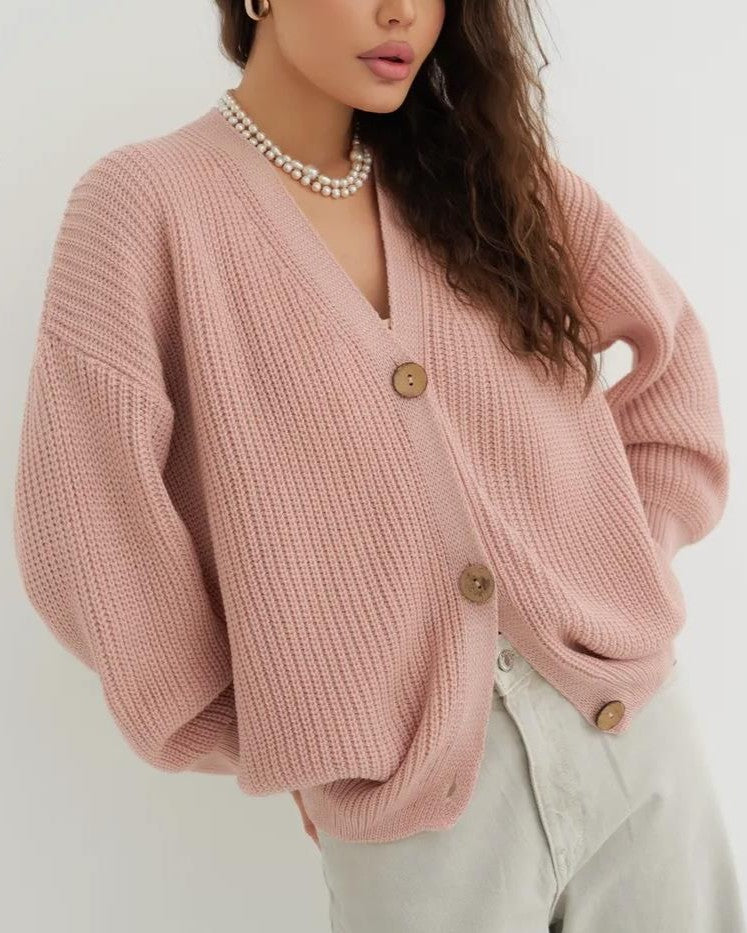 Oversized Ribbed V Neck Button Cardigan - Pink - 1