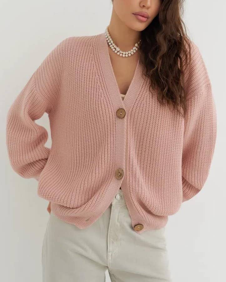 Oversized Ribbed V Neck Button Cardigan