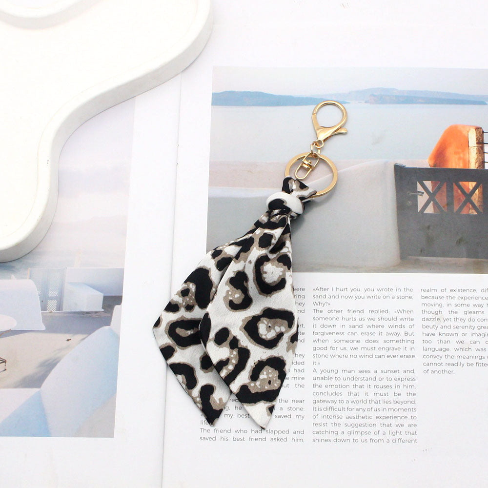 Leopard Scarf Bag Charm Keychain with Clasp - Beige