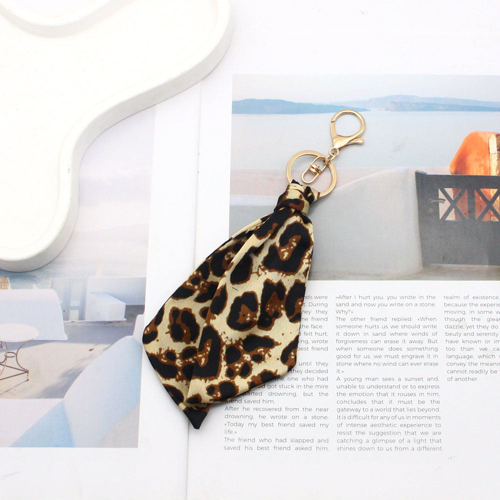 Leopard Scarf Bag Charm Keychain with Clasp - Brown