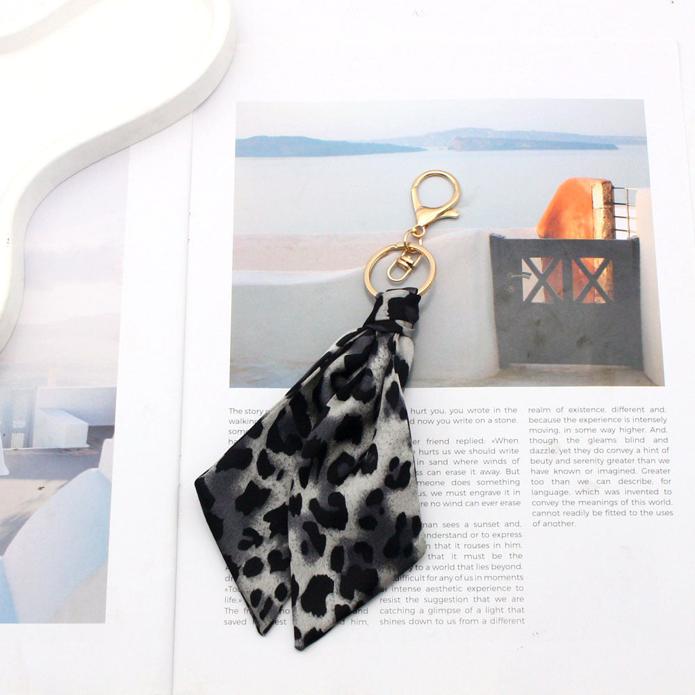 Leopard Scarf Bag Charm Keychain with Clasp - Grey