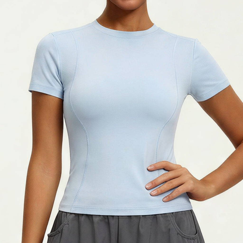 Slim Fit Princess Seam Short Sleeve Workout Tee - Baby Blue