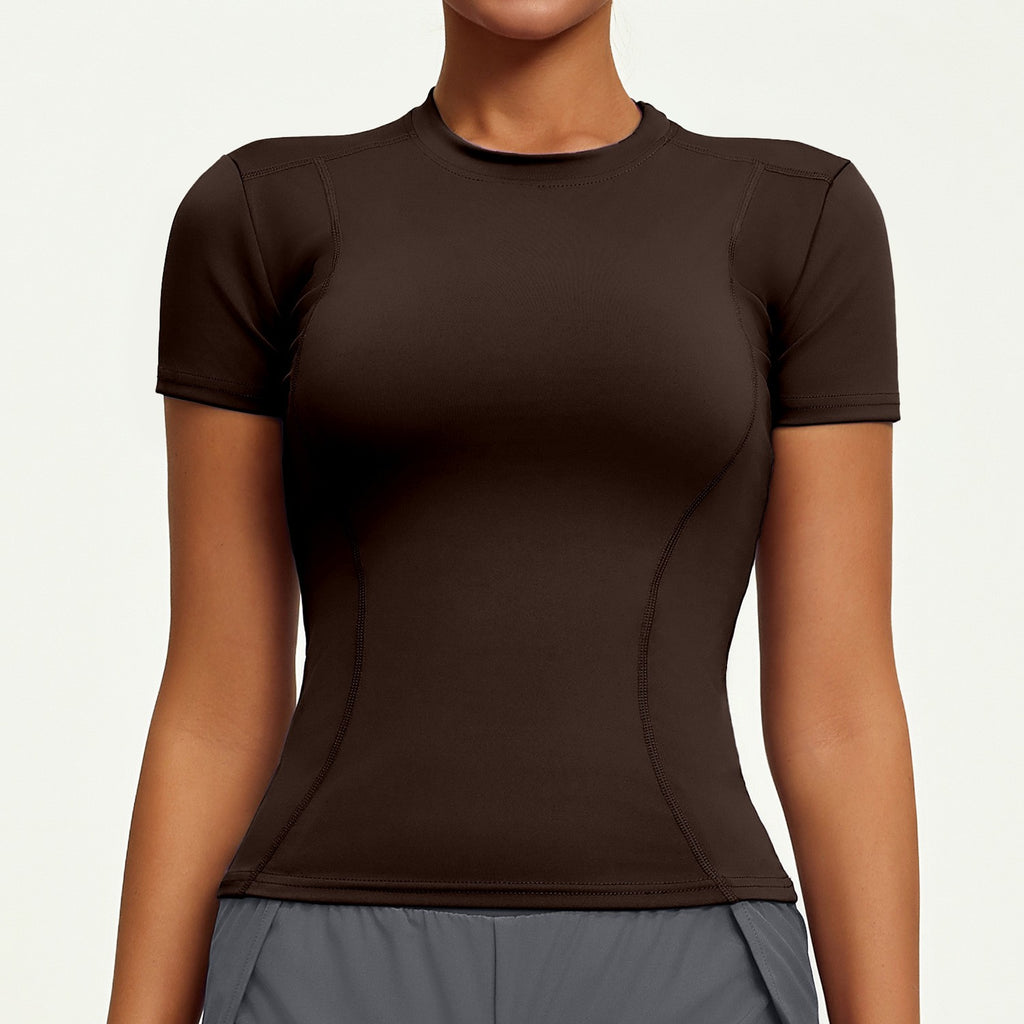 Slim Fit Princess Seam Short Sleeve Workout Tee - Espresso