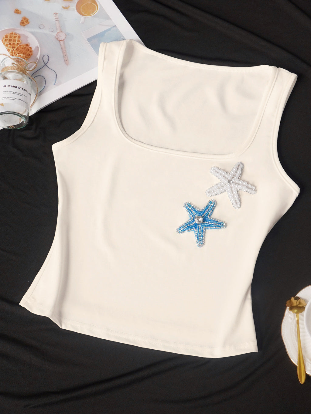 Coastal Y2K Ribbed Starfish-Bead Square-Neck Cami - Apricot