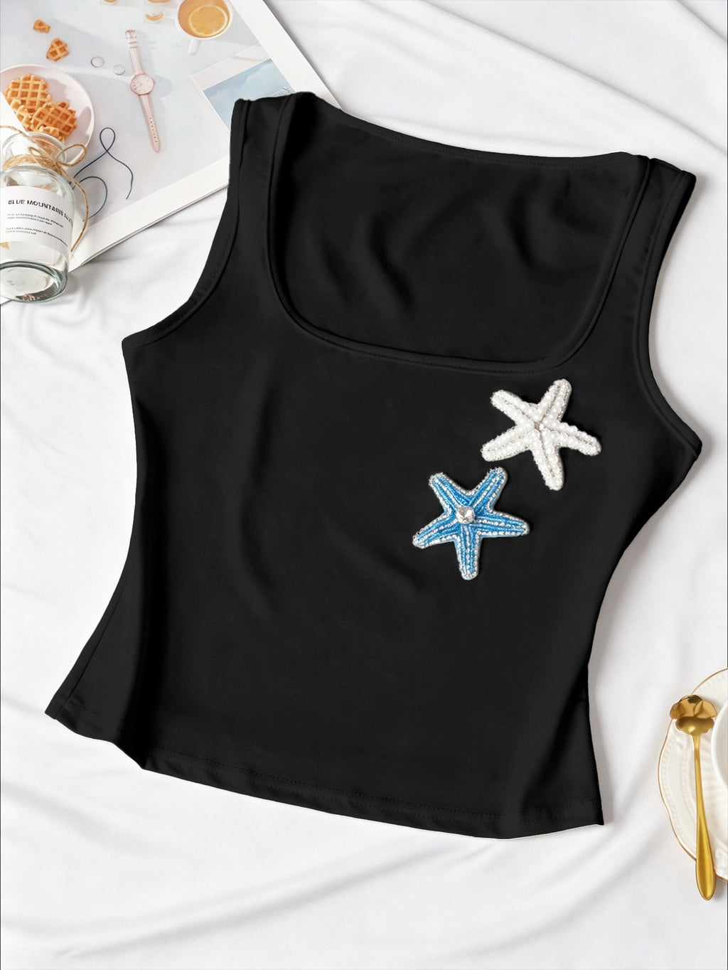 Coastal Y2K Ribbed Starfish-Bead Square-Neck Cami - Black