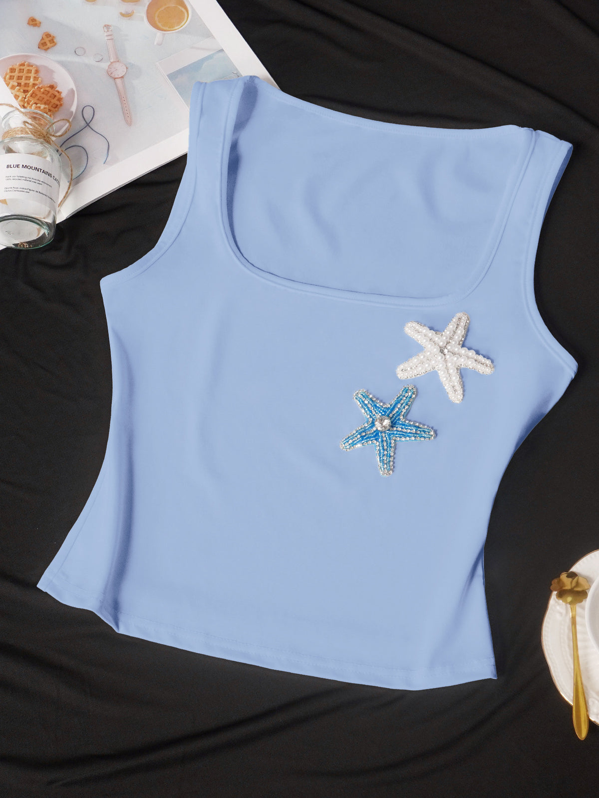 Coastal Y2K Ribbed Starfish-Bead Square-Neck Cami - Blue