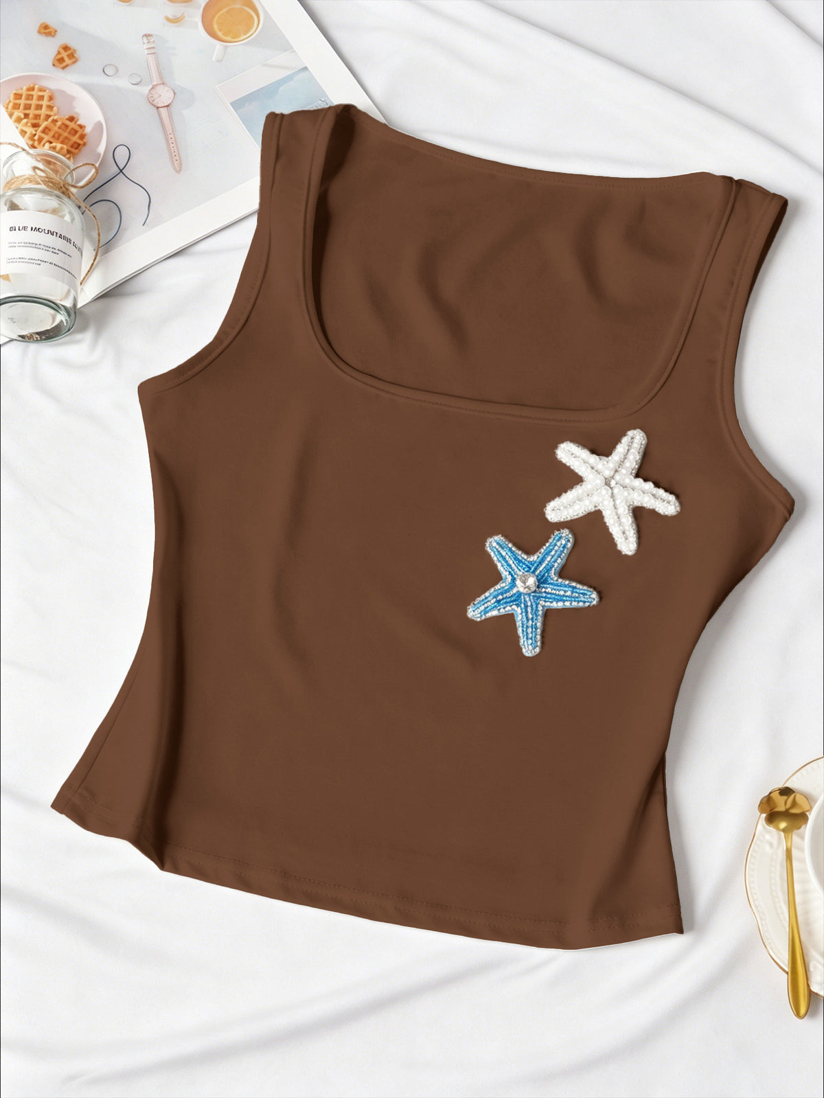 Coastal Y2K Ribbed Starfish-Bead Square-Neck Cami - Brown