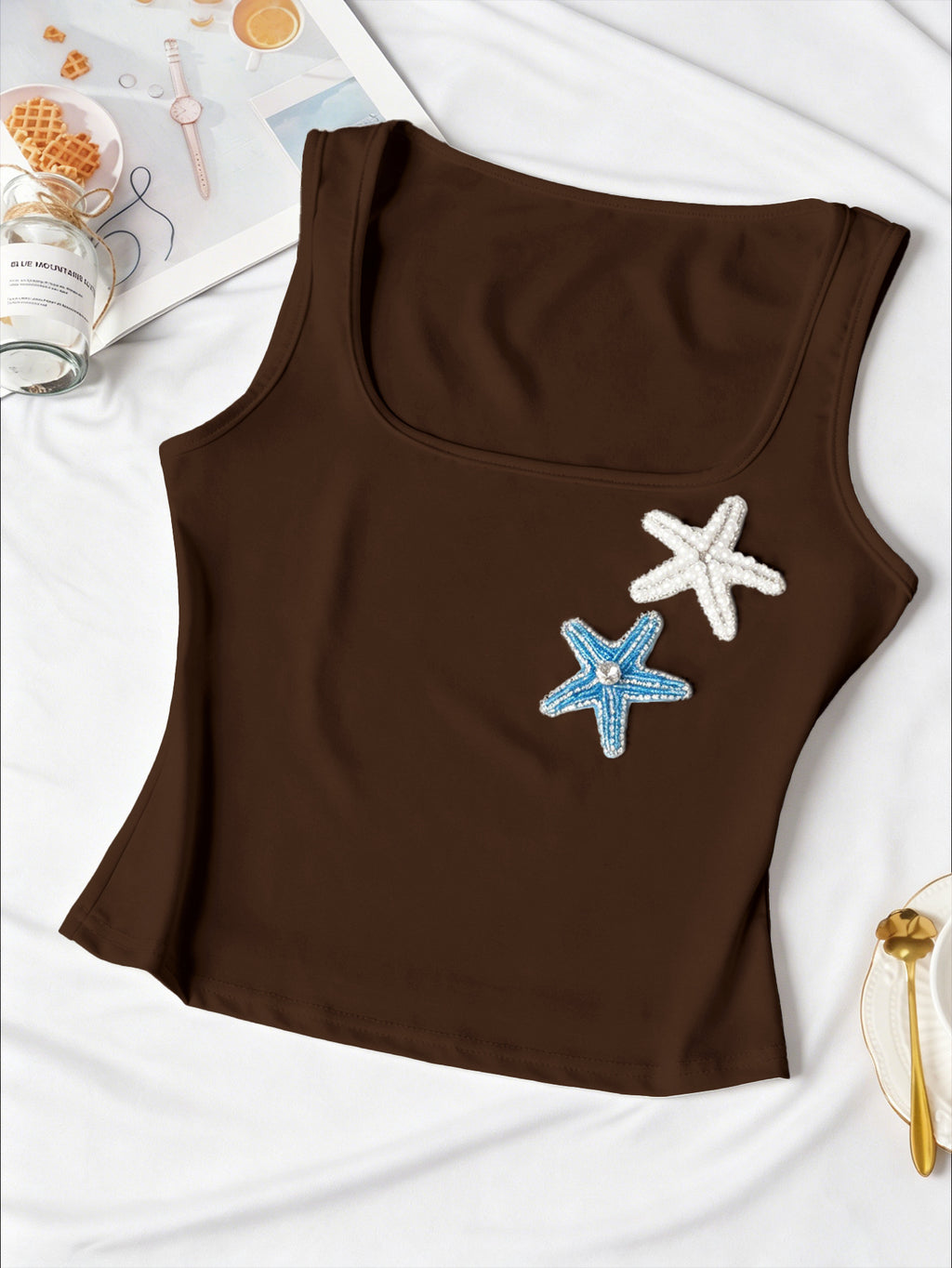 Coastal Y2K Ribbed Starfish-Bead Square-Neck Cami - Coffee