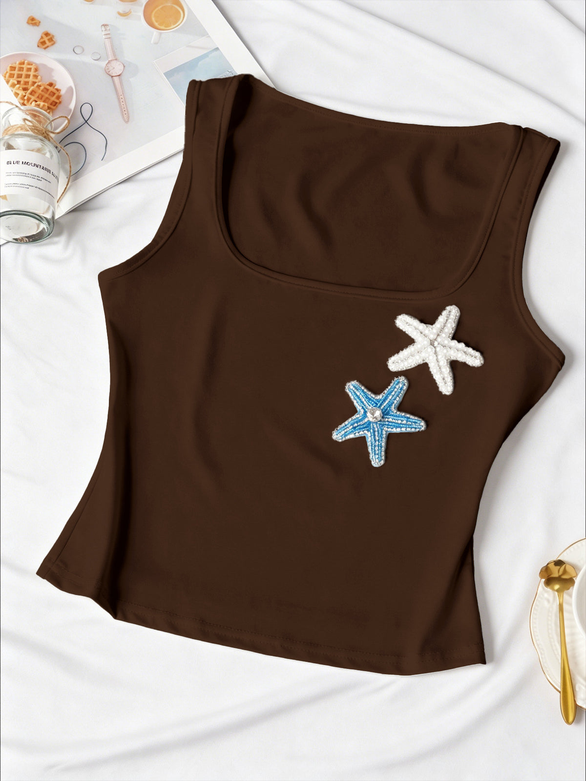 Coastal Y2K Ribbed Starfish-Bead Square-Neck Cami - Coffee
