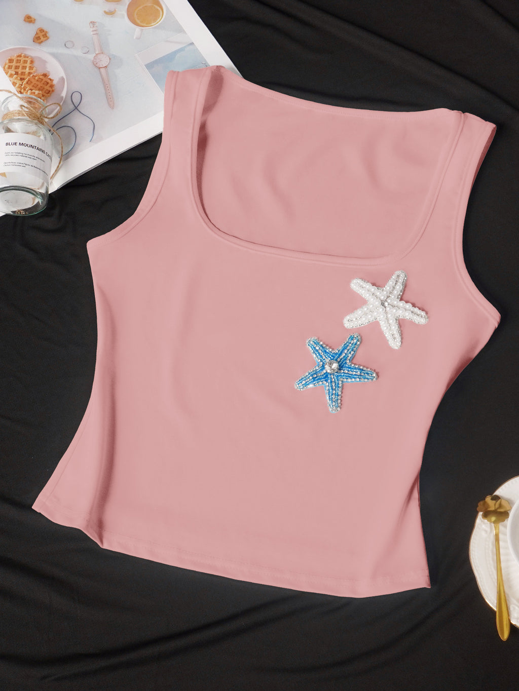 Coastal Y2K Ribbed Starfish-Bead Square-Neck Cami - Coral