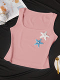 Coastal Y2K Ribbed Starfish-Bead Square-Neck Cami - Coral