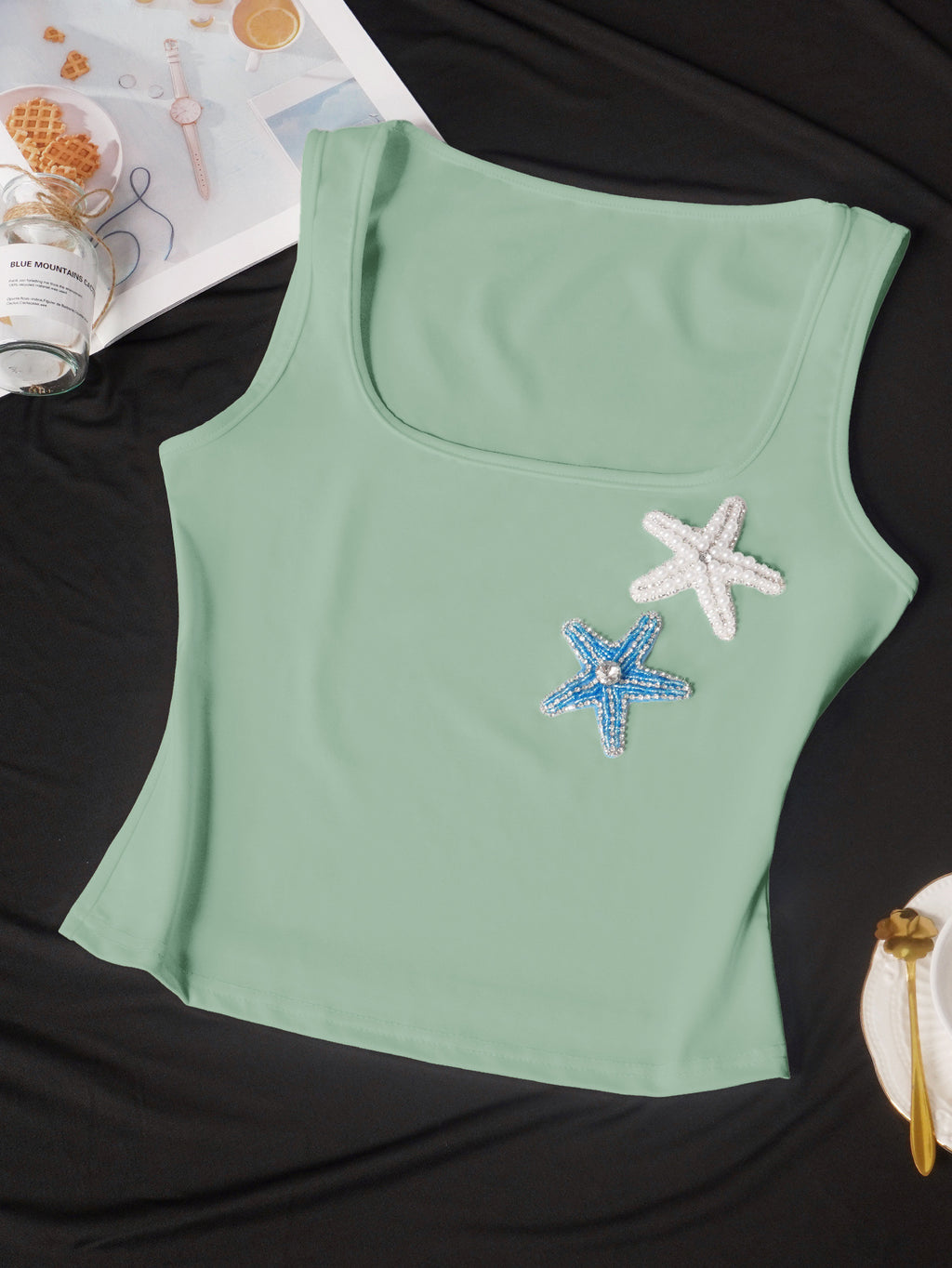 Coastal Y2K Ribbed Starfish-Bead Square-Neck Cami - Green