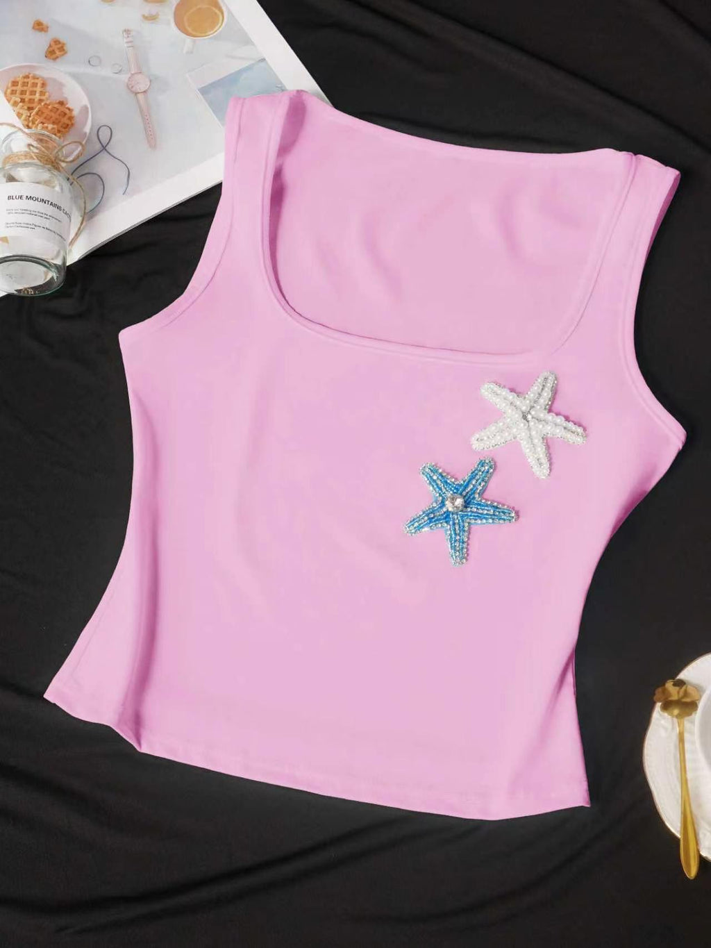Coastal Y2K Ribbed Starfish-Bead Square-Neck Cami - Pink