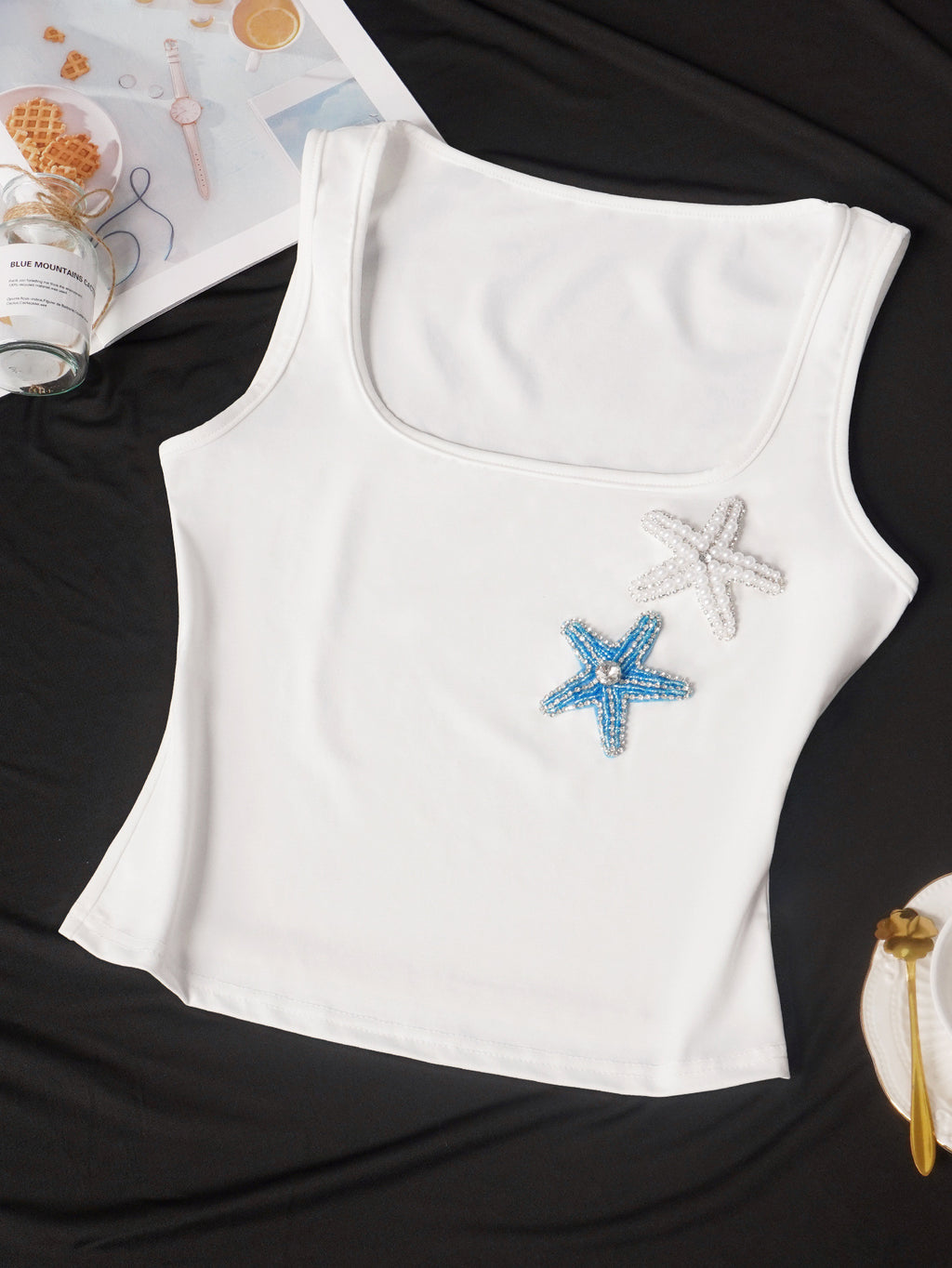Coastal Y2K Ribbed Starfish-Bead Square-Neck Cami - White - 2
