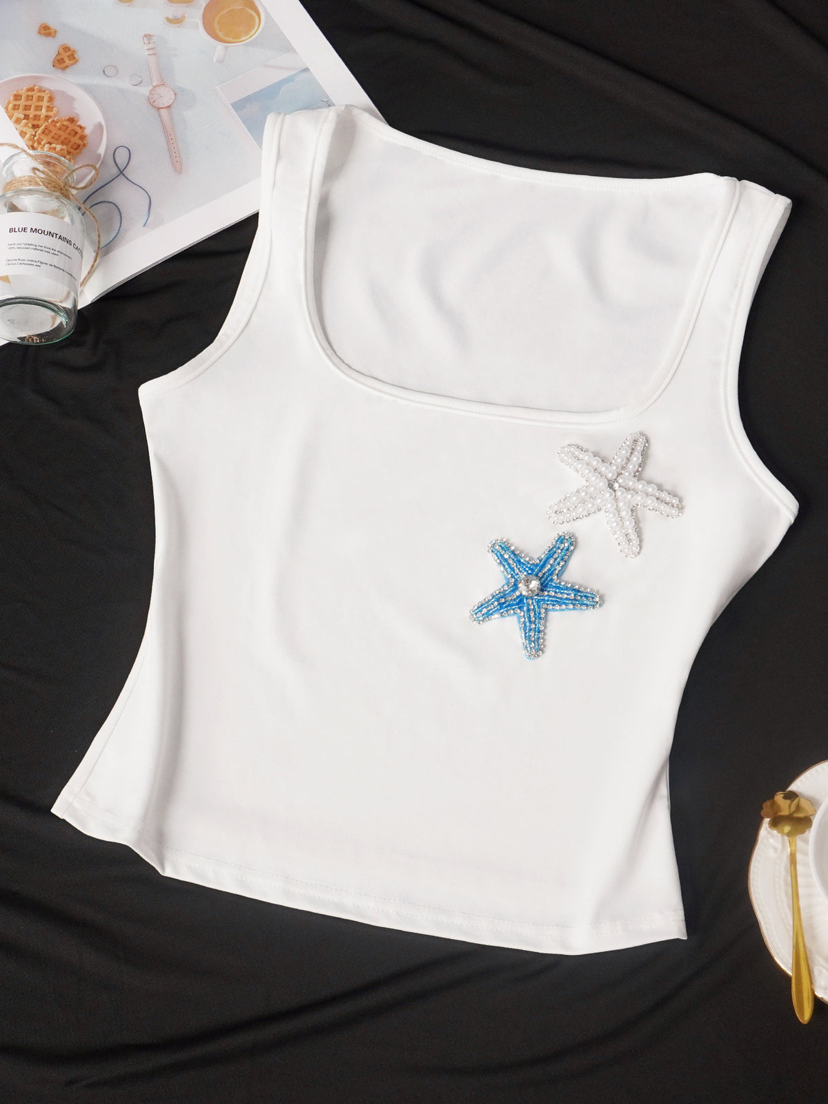 Coastal Y2K Ribbed Starfish-Bead Square-Neck Cami - White - 2