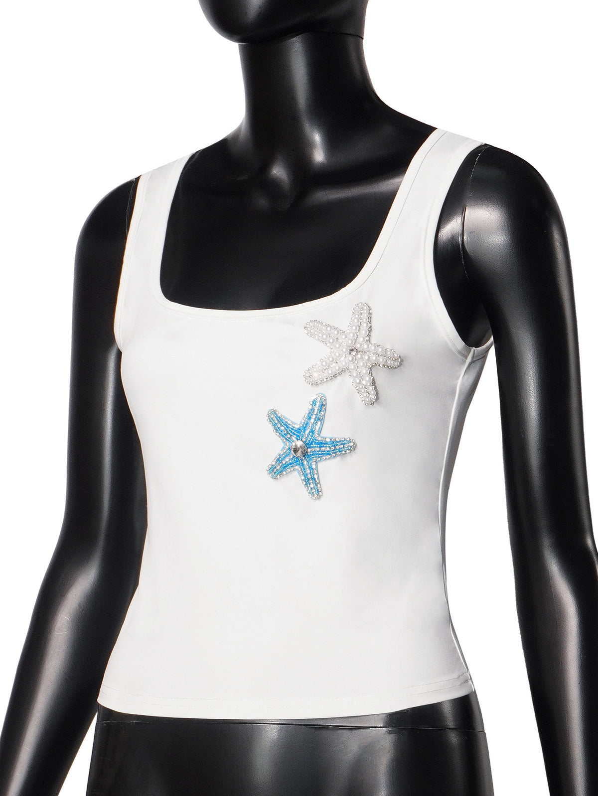 Coastal Y2K Ribbed Starfish-Bead Square-Neck Cami - White - 5