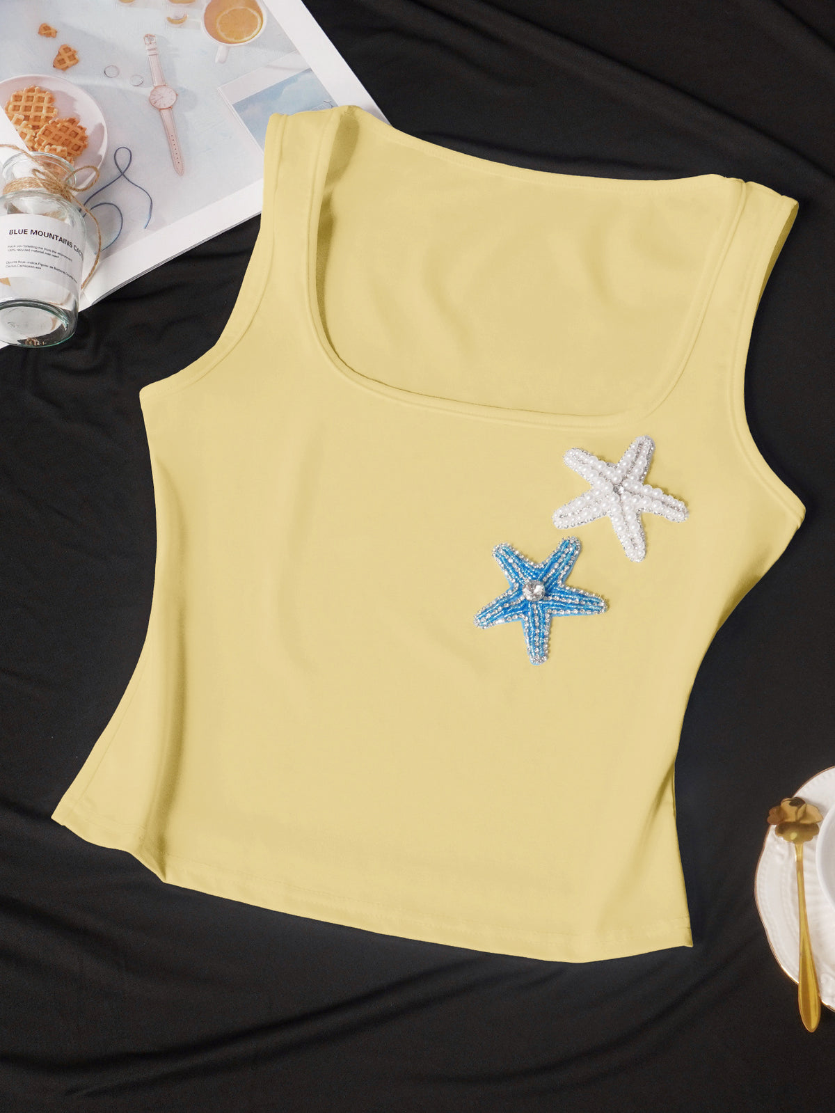 Coastal Y2K Ribbed Starfish-Bead Square-Neck Cami - Yellow