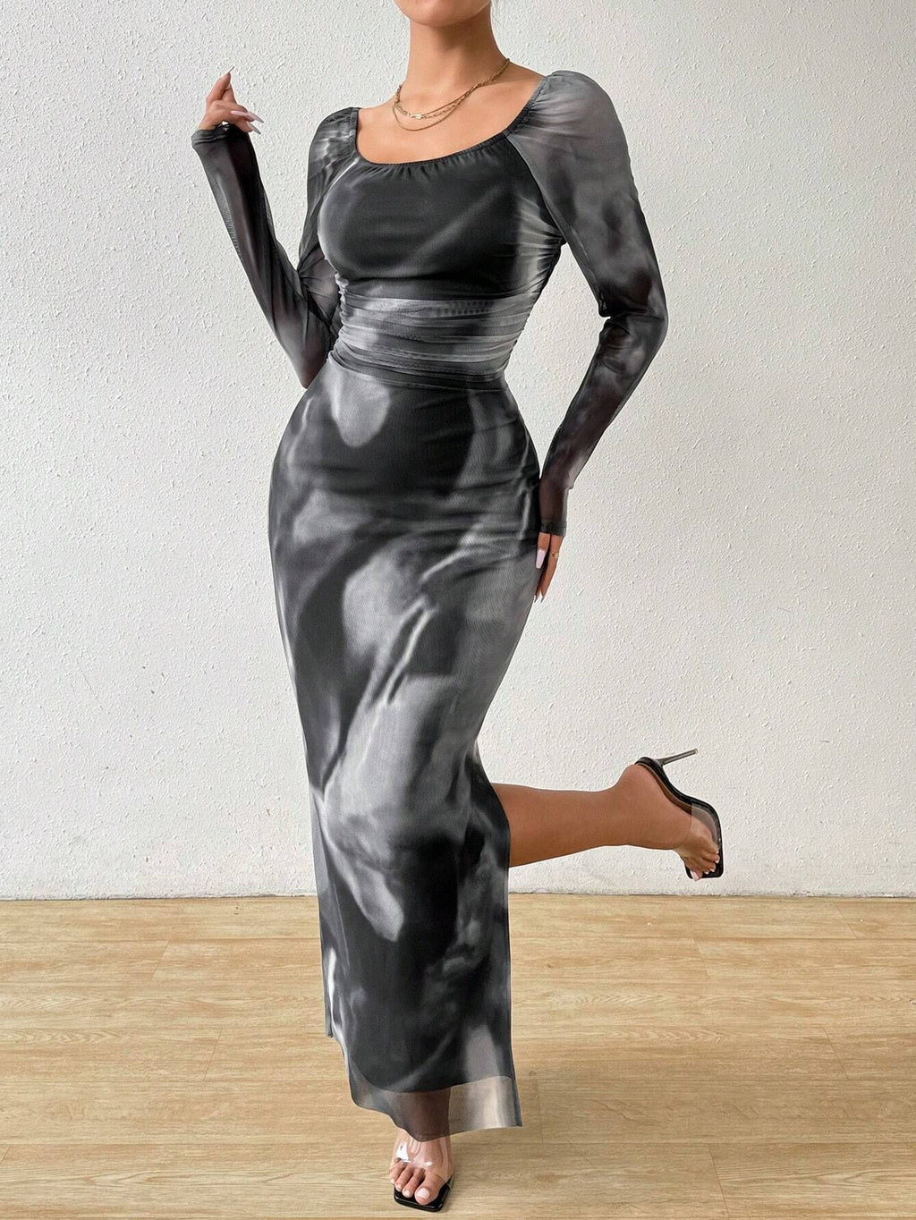 Off Shoulder Marbled Mesh Maxi Dress - Black