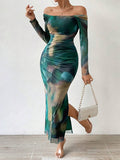 Off Shoulder Marbled Mesh Maxi Dress - Green