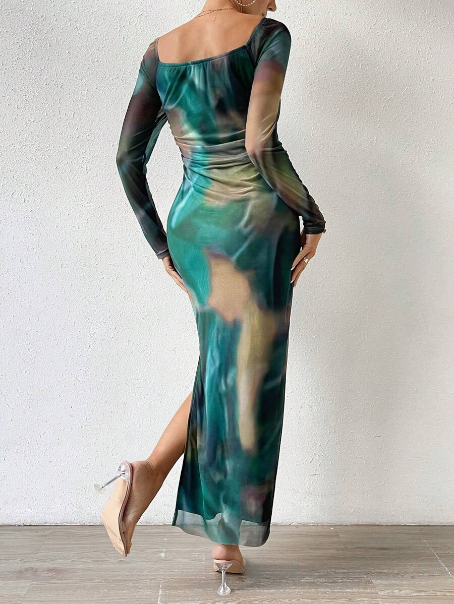 Off Shoulder Marbled Mesh Maxi Dress - Green - 1